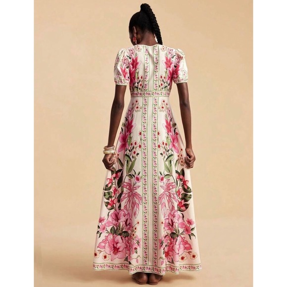 Pink Tropical Floral V-Neck Button Front Maxi Dress Size Large Cream - Picture 3 of 13